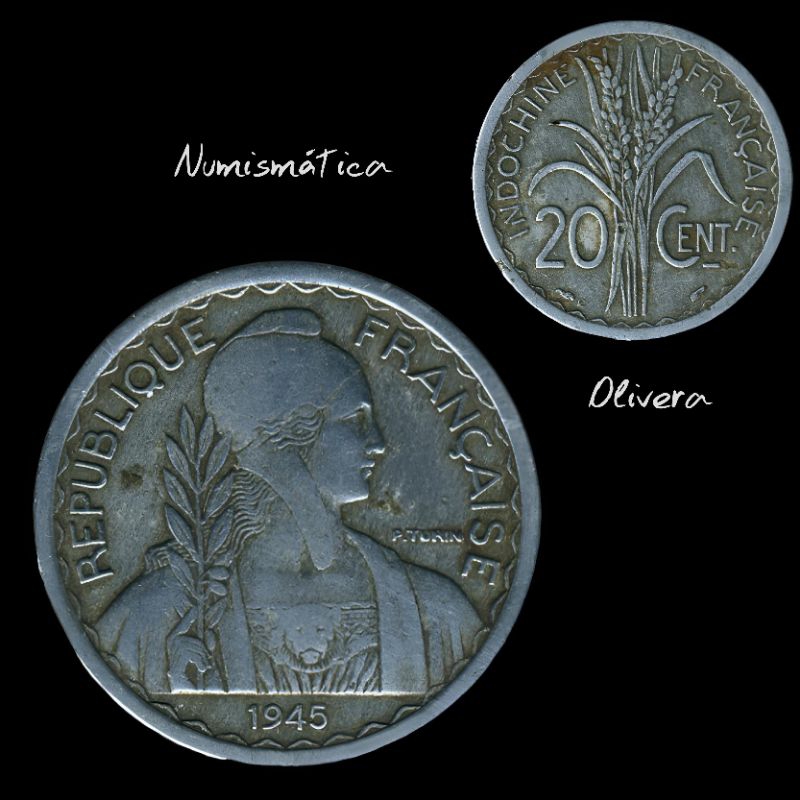 Moeda estrangeira Indochina Francesa 20 centimes 1945.