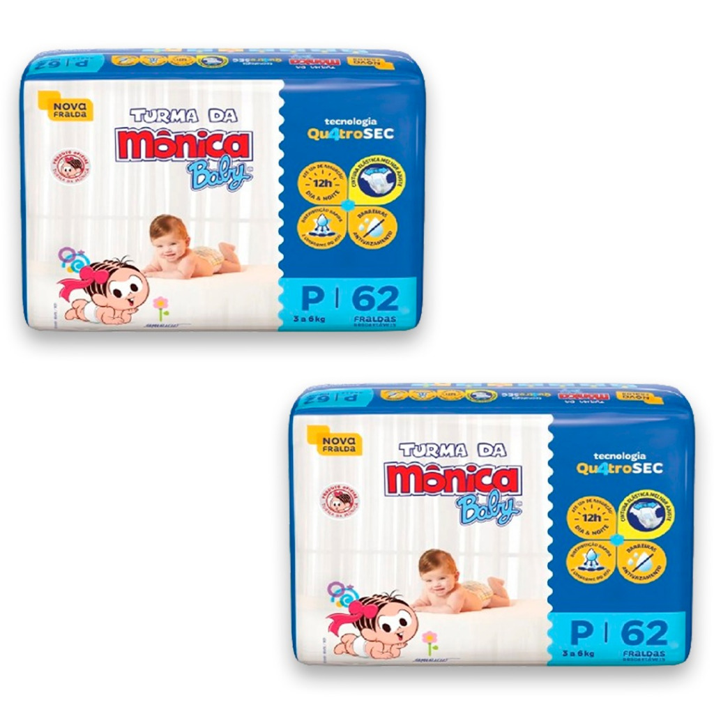 Kit 2ptes Fralda Turma da Mônica Baby P 3-5kg 62un cada