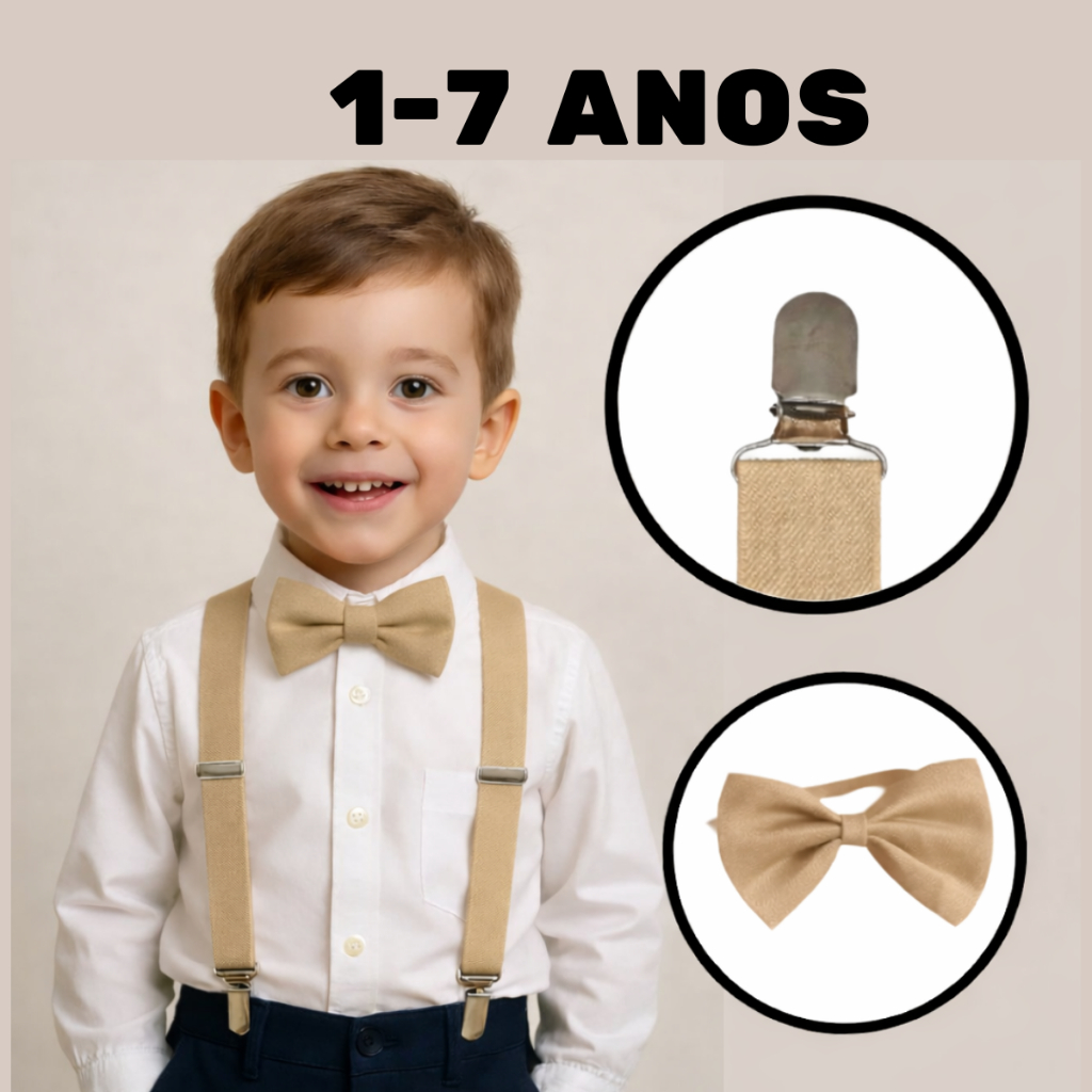 Kit Suspensório+Gravata Borboleta Ajustavel Social Kids Criança Para Festa Igreja Pajem Casamento