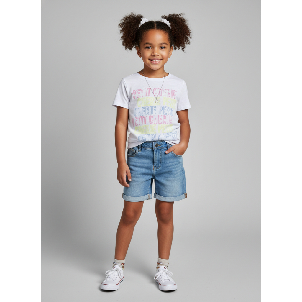 BLUSA MANGA CURTA INFANTIL MENINA COM INSCRIÇÃO COLORIDA PETIT CHERIE