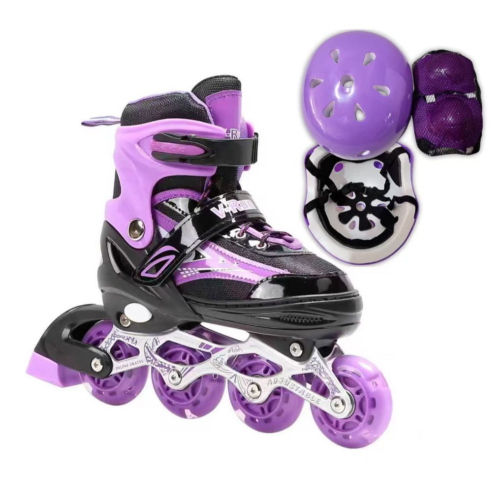 Patins Roller Inline Infantil Ajustável Roxo Com Luz De Led Com Kit Proteção Profissional Promoção