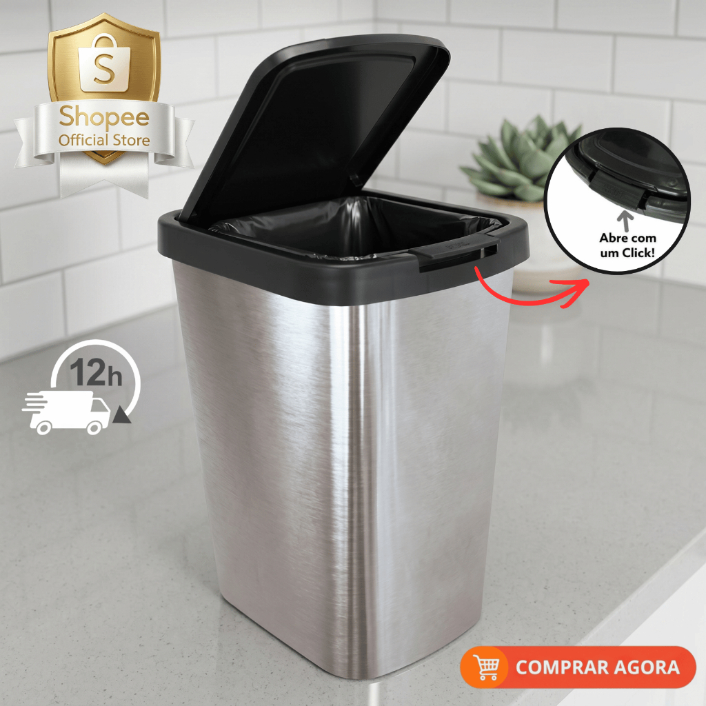Lixeira Banheiro Cozinha Cesto Metalizado 09 Litros Com Tampa Click Label Vermelho Rose
