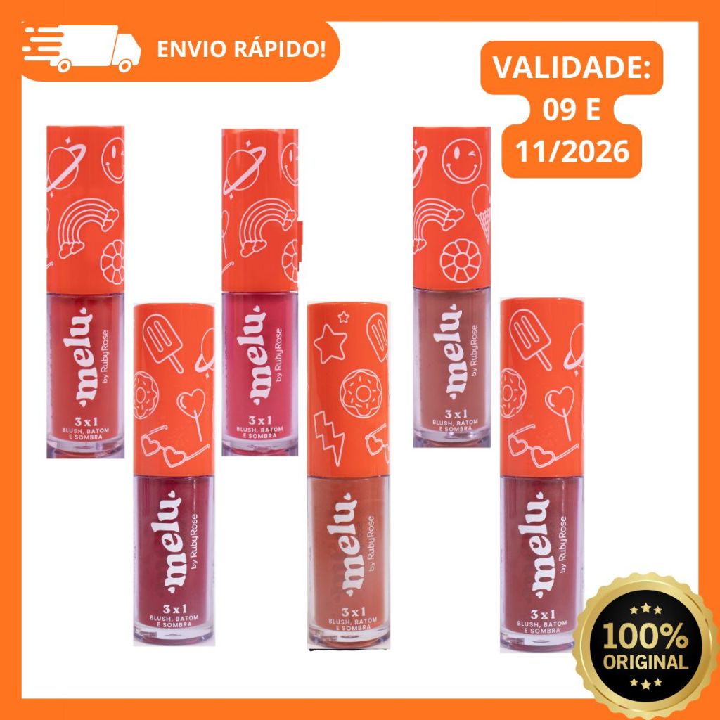 Blush, Batom E Sombra 3 Em 1 Melu Multifuncional Alta Pigmentação