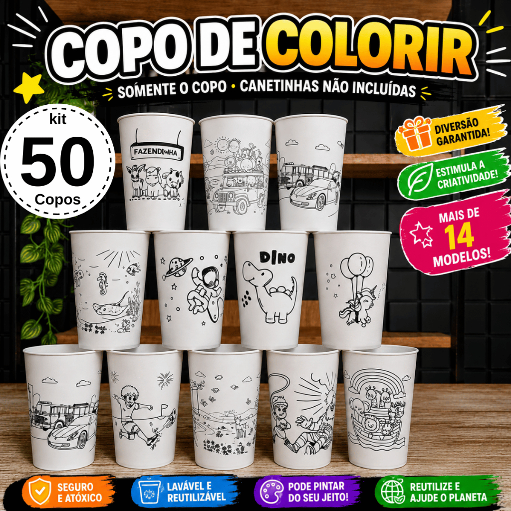Copo Colorir Kit 50un Várias Estampas Copo Lembrancinha Aniversário de Crianças Divertido Educativo