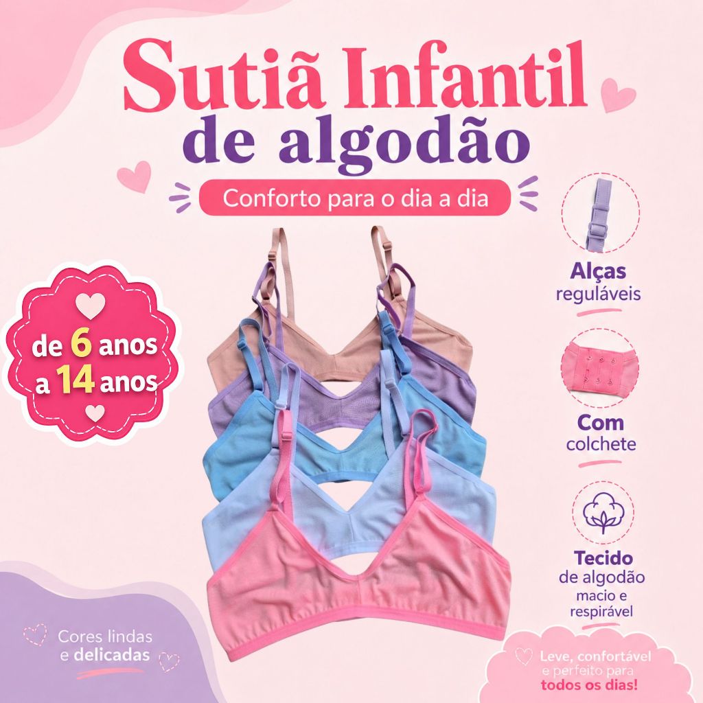 Kit Sutiã Juvenil Infatil Cotton Algodão Com Abertura Atrás