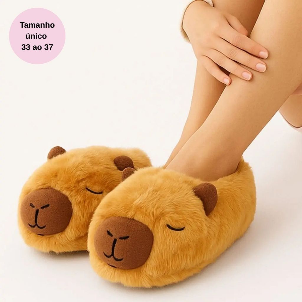 Pantufa Capivara Filo 3D Infantil Adulto Marrom Quentinha Fofa Bordada Presente Sola Antiderrapante