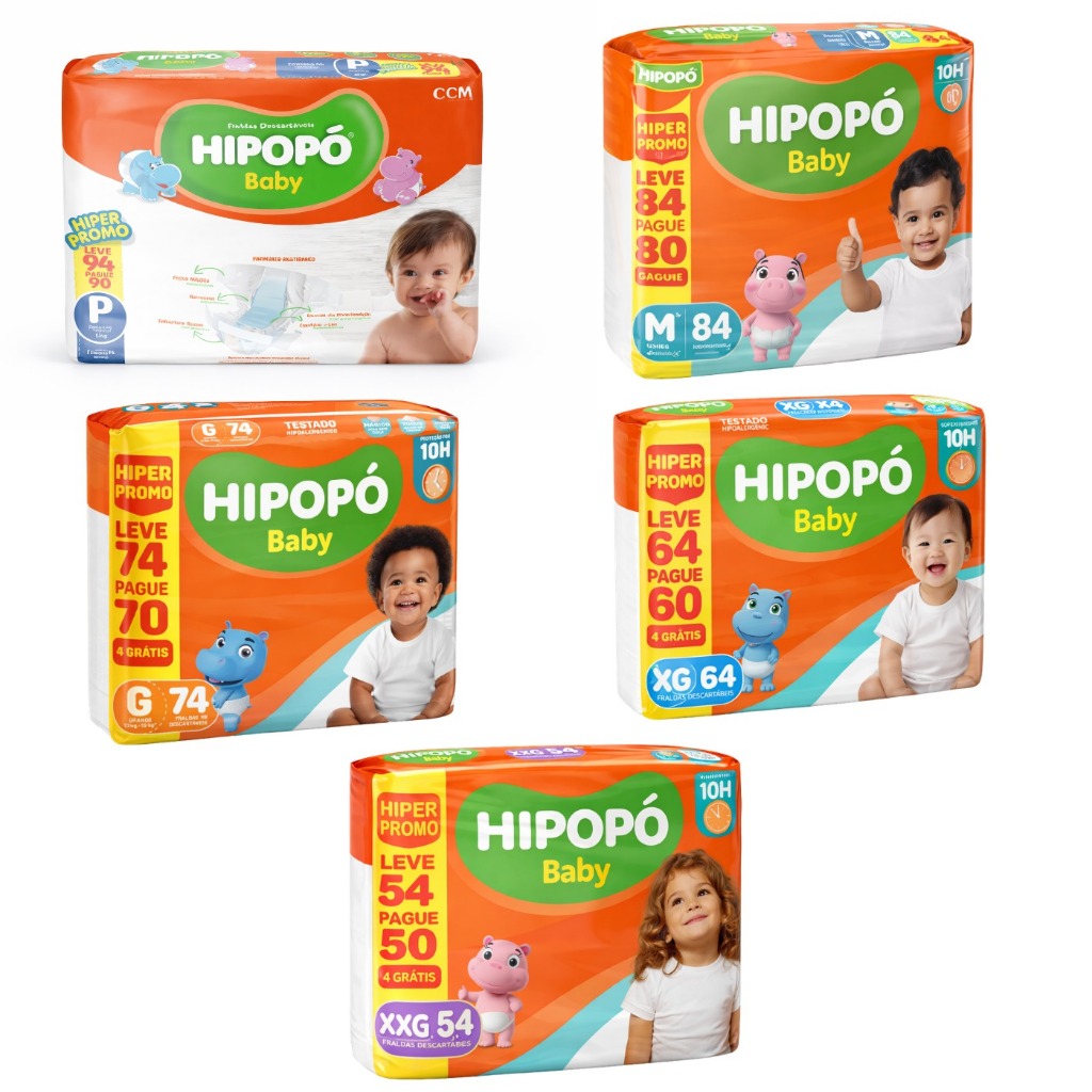 Fralda Hipopó Baby Hiper | Pacote Econômico | Tamanhos P M G XG XXG | Até 12h de Proteção