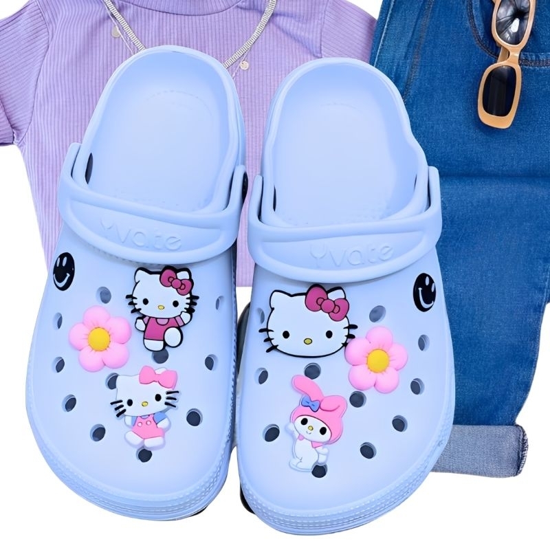 Sandália Babuche Cat Hello kitty Profissional Feminina Antiderrapante Leve macia Confortável Yvate 6 Pins botons