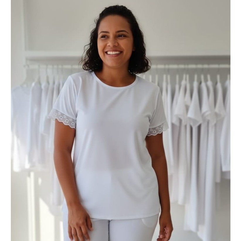 Camisu Feminino Bata Ração Umbanda e Candomblé Tecido Oxford Branco Roupa de Santo