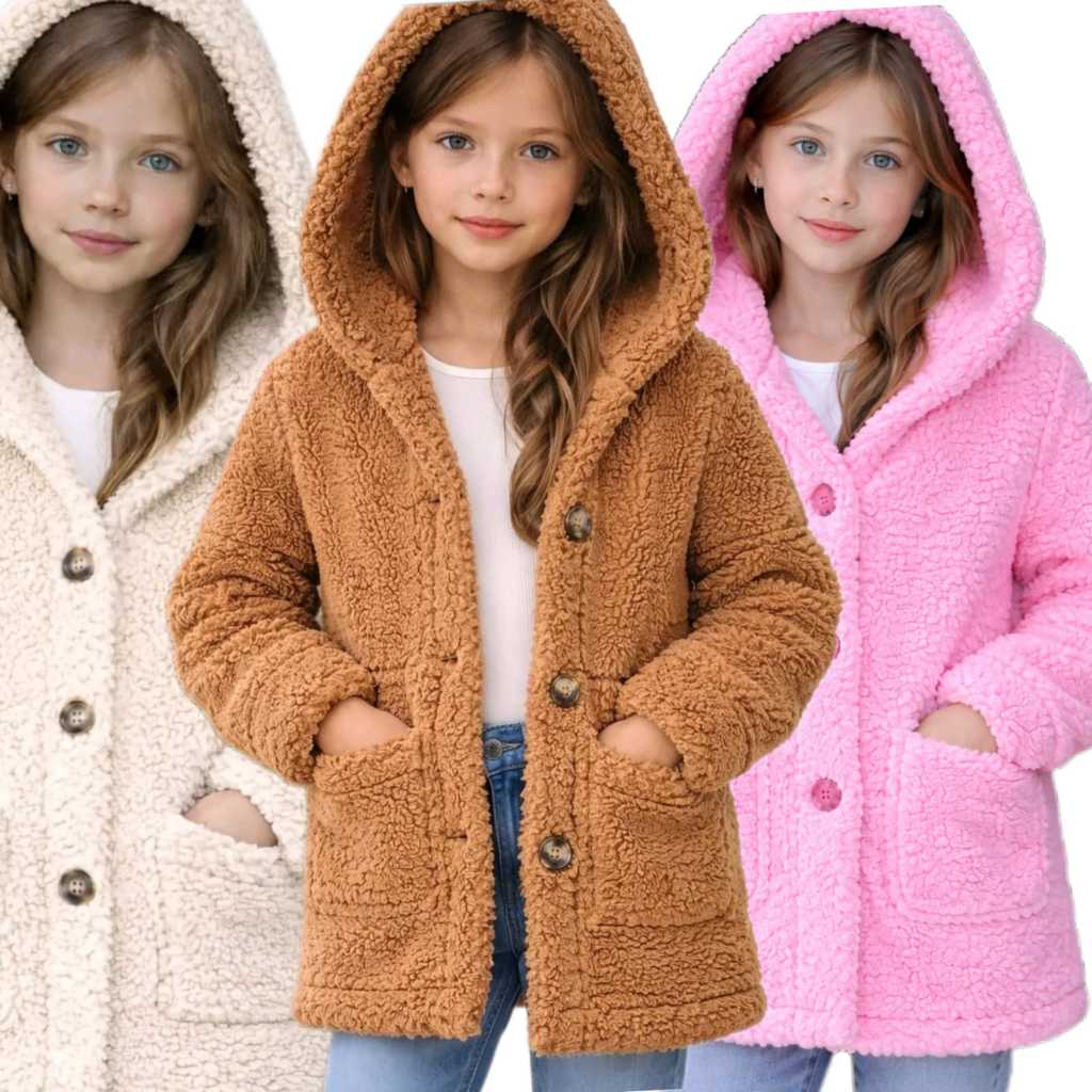 Casaco Infantil Teddy Com Capuz Inverno 2026 | Blusa Peluciada Quentinha Com Bolso e Botões 4 ao 16 Juvenil Feminino