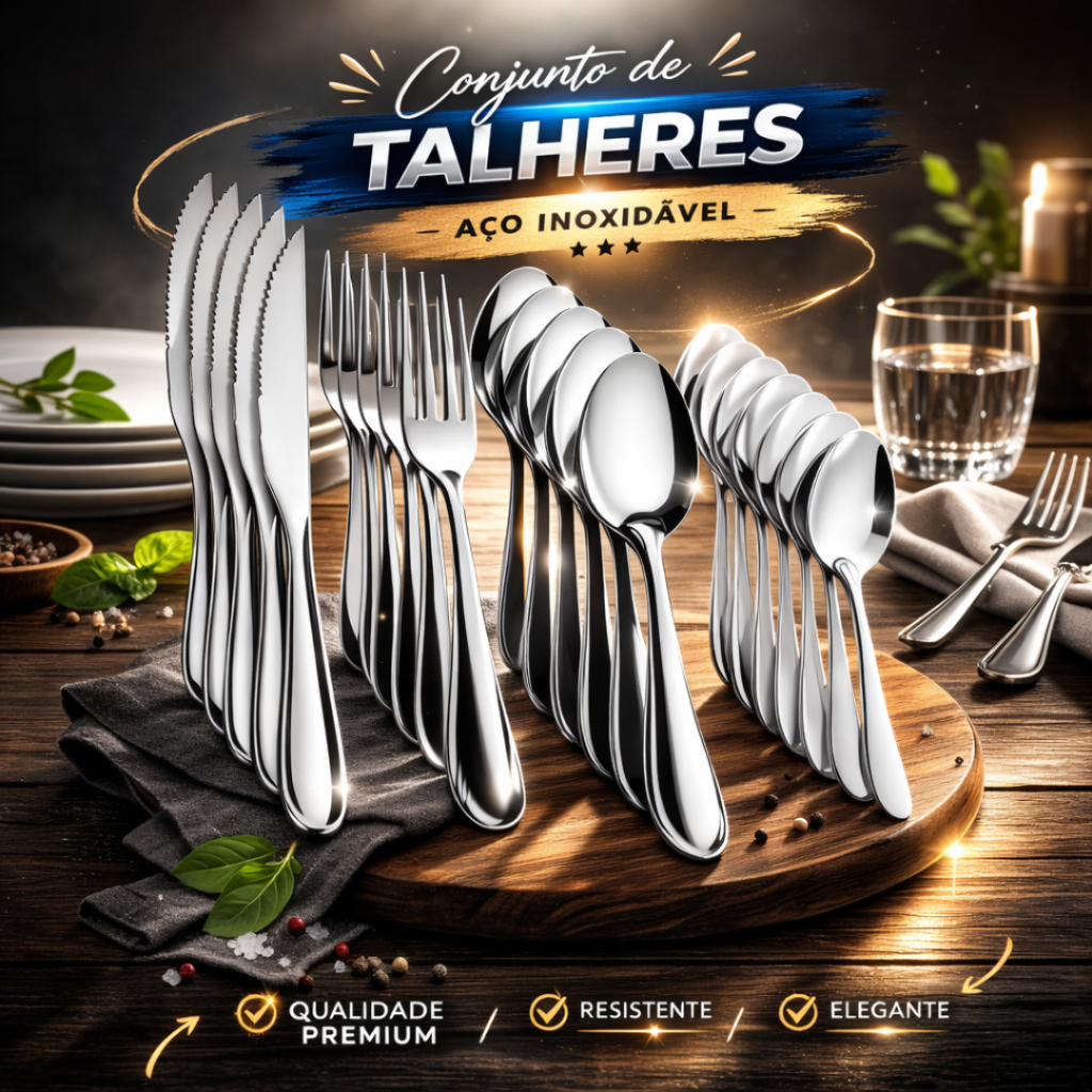 Jogo de Talheres 24/48 peças Aço Inox Facas Garfos Colheres de Sopa e Colheres de Sobremesa