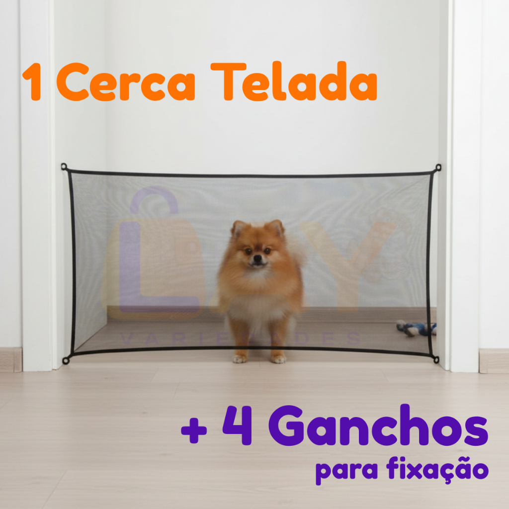 Cerca Tela Pet Cães Divisória de Ambientes para Porta Cercado Removível + 4 Ganchos Fixação Parede