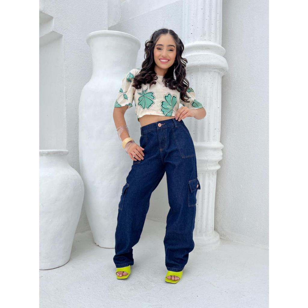 Calça feminina Jeans Cargo Wide Leg Infantil juvenil menina sarja Moderna com Bolsos Laterais e frontal Moda Kids