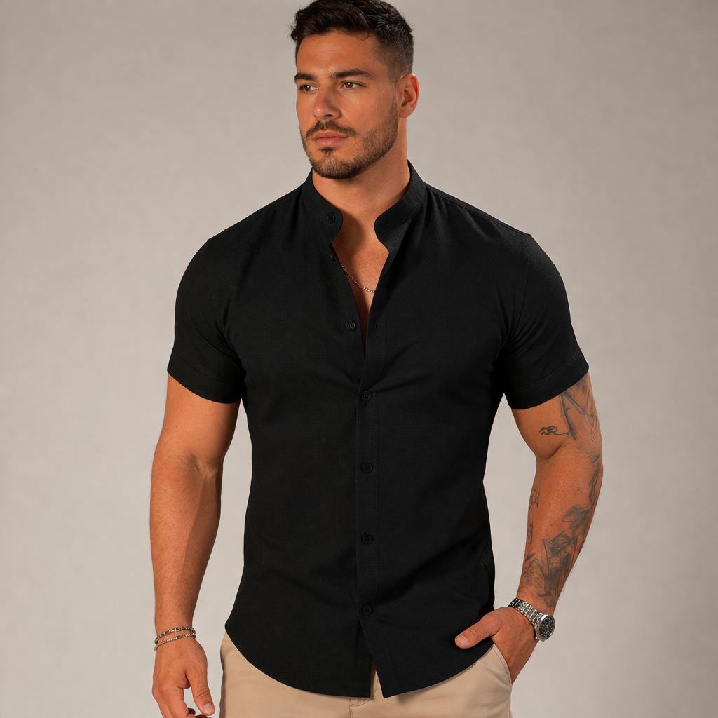 Camisa Social Masculina Gola Padre Manga Curta Slim Fit