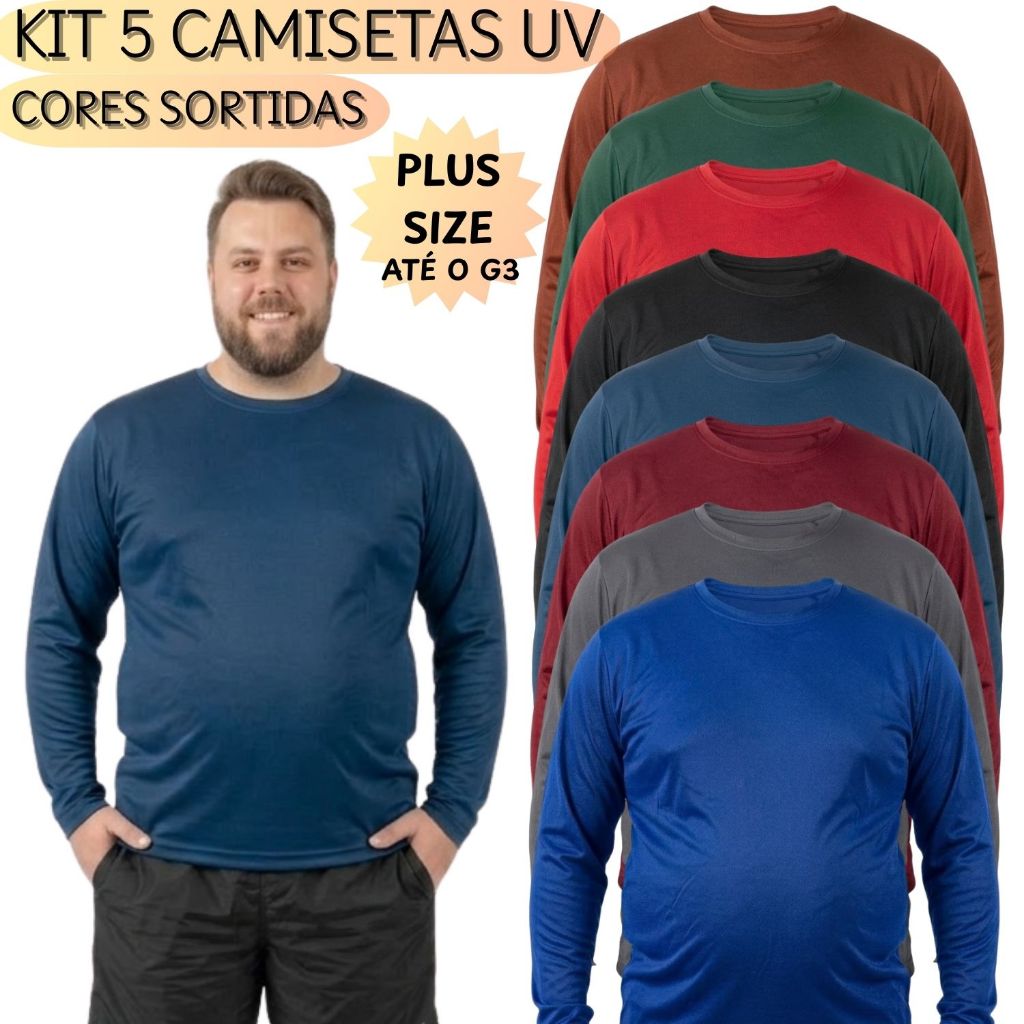 Kit 5 Camisetas Uv Plus Size Masculina Verão Segunda Pele Proteção Solar Cores Sortidas