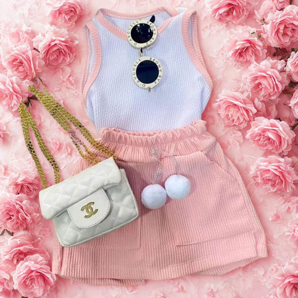 Conjunto Infantil Menina Juvenil Short Saia  e Regata Ribana Moda Verão Feminina