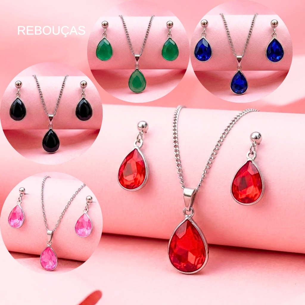 Conjunto Colar e Brinco Pingente Aço Inoxidavel Antialérgico Gota Modelo Premium