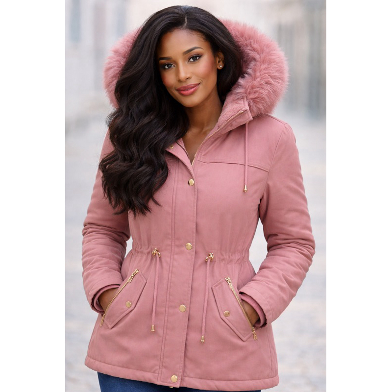 Parka Forrada com Pelúcia Capuz Removível Linda