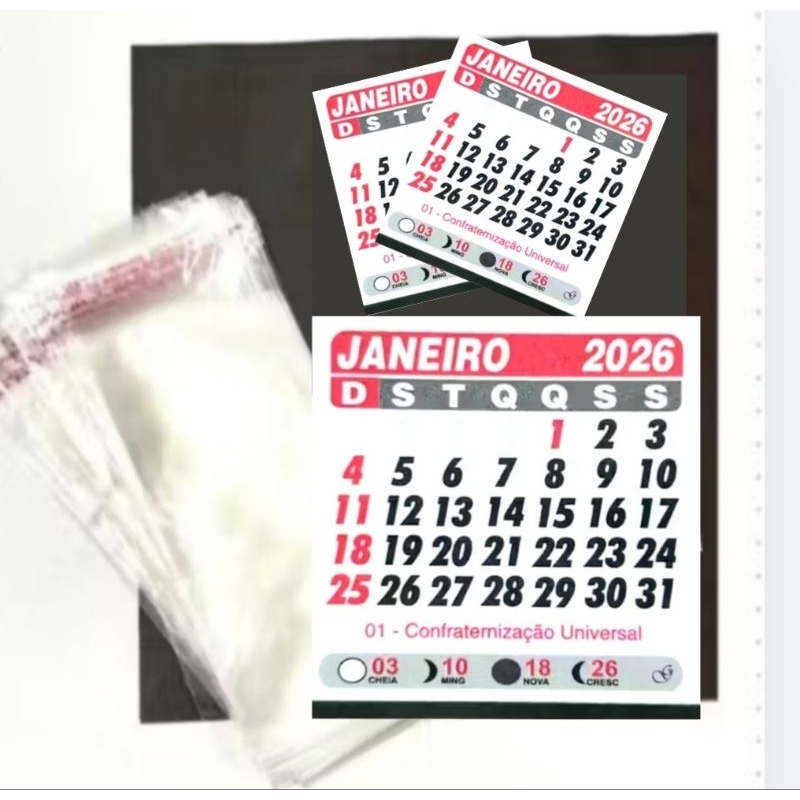 Mini Kit - 25 Calendários 2026 + 25 sacos adesivados 6x12  + 25 Ímãs Adesivados 2x2,8cm para Ímãs de geladeira