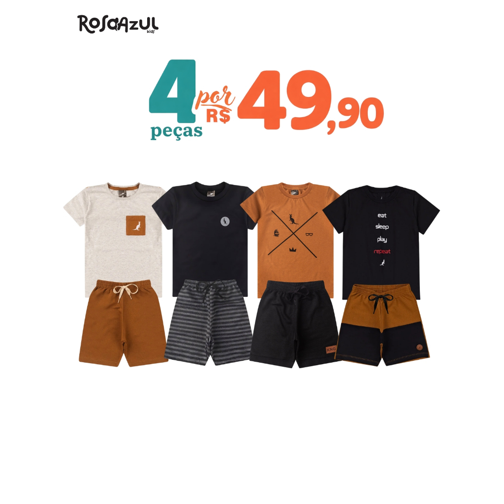 Kit 4 Peças Conjunto Infantil Bebê Menino Verão Algodão Promoção  2 Camisas 2 Shorts Envio Sortido