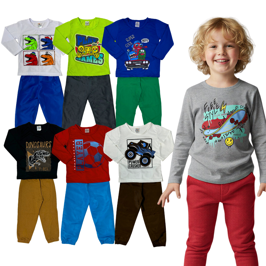 Kit 6 ou 4 Peças 3 ou 2 Conjunto Infantil Calça e Blusa Manga Longa Menino Meia Estação