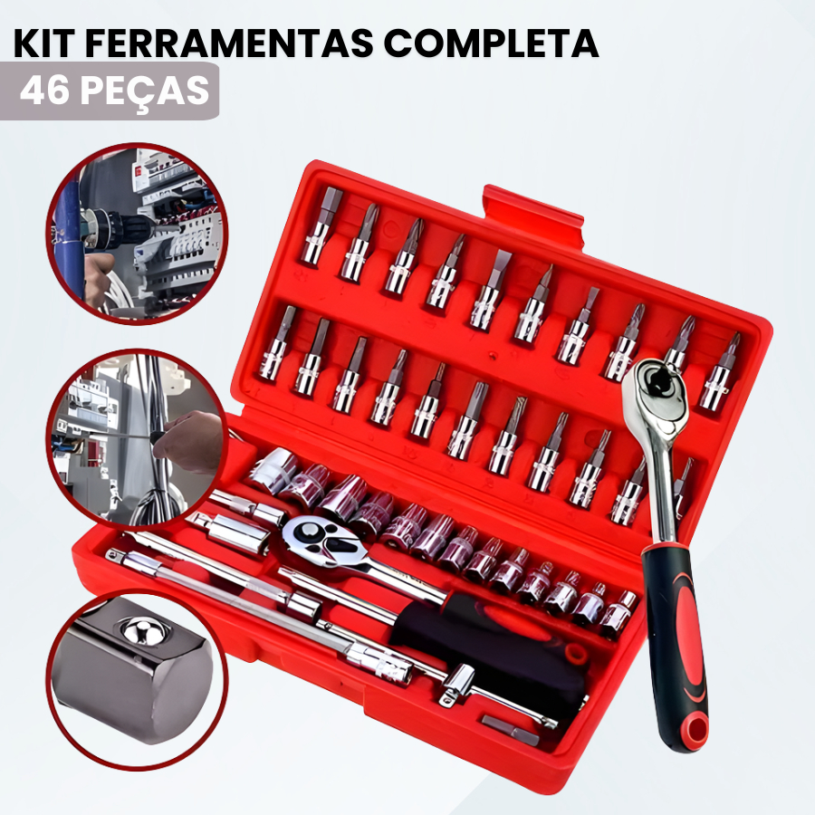 Maleta Kit Jogo De Ferramentas 46 Peças Completo Soquetes Chave Catraca Reversível