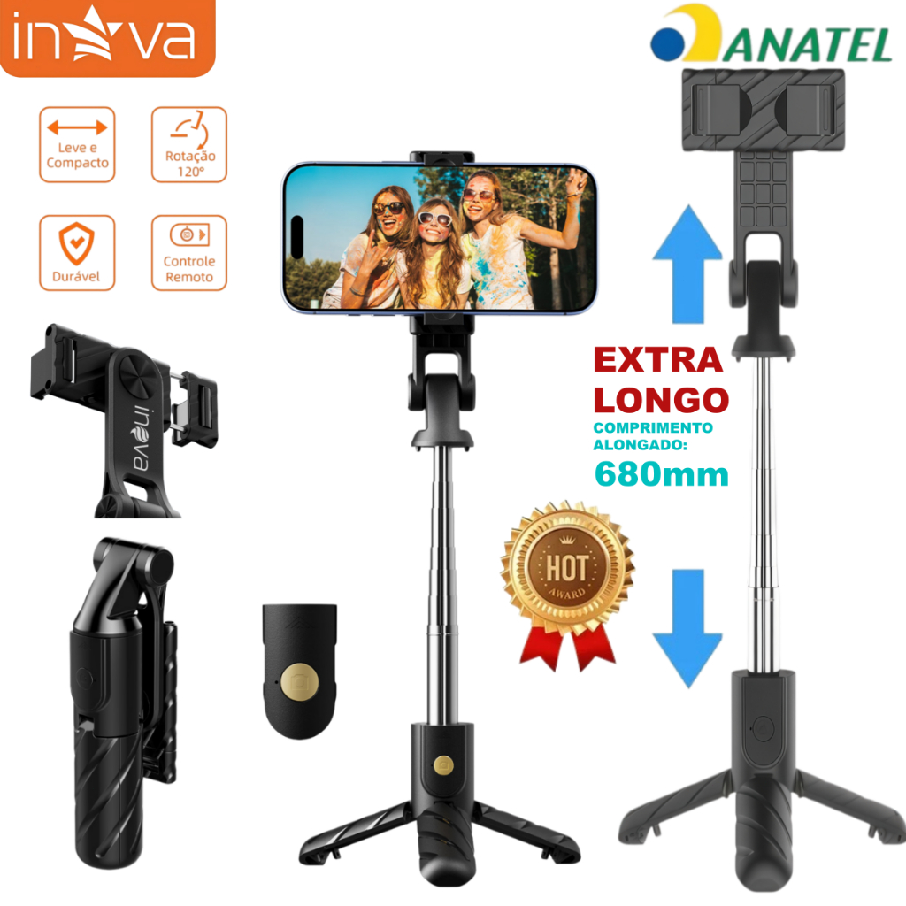 INOVA Tripé de Celular para Selfie com Controle, Rotação 360°, Abertura 680mm, Prático e Resistente