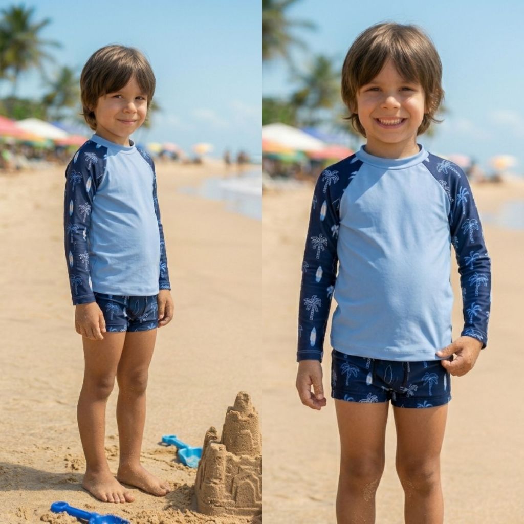 Conjunto Camiseta e Sunga Infantil Praia Piscina Tam 2 4 6 8 10 Anos