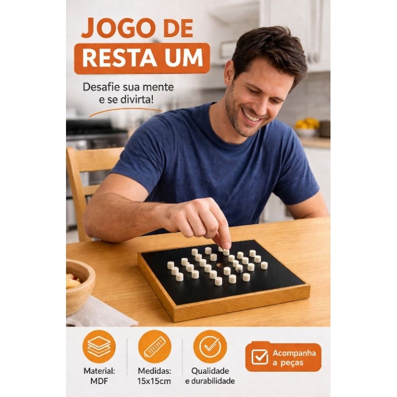 JOGO RESTA UM 1 - MDF - TABULEIRO EDUCATIVO ESTRATÉGIA E LÓGICA