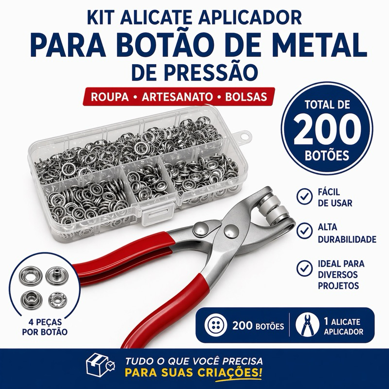 Kit de Alicate Aplicador para botão de Metal de Pressão roupa 200 botões