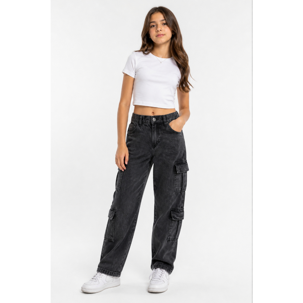 Calça Jeans wind leg marmorizada bolso laterais feminina menina