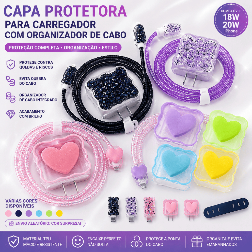 Capa Silicone Coração / Strass para Carregador iPhone com Organizador de Cabo