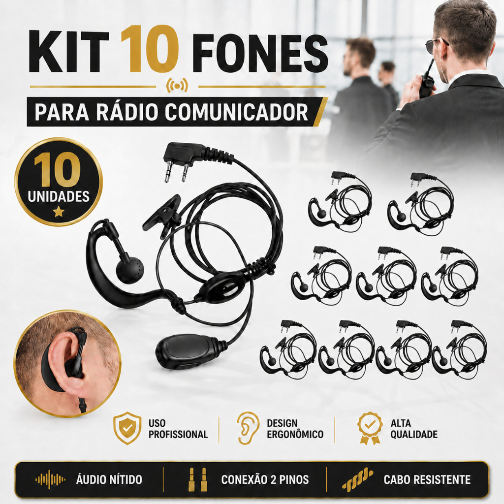 Kit 5 e 10 Fones Para Radio Comunicador PTT Baofeng 777s Segurança Comunicação Equipe Alta Qualidade Uso Profissional