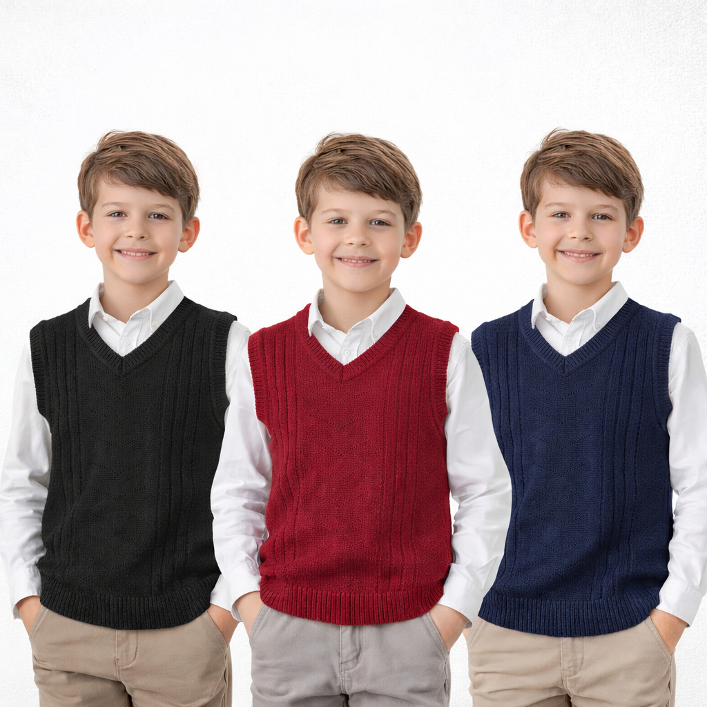 Kit 3 Colete Infantil Masculino Tricot Premium Inverno Escolar - Azul , Preto , Marsala - 2 Até 12 Anos