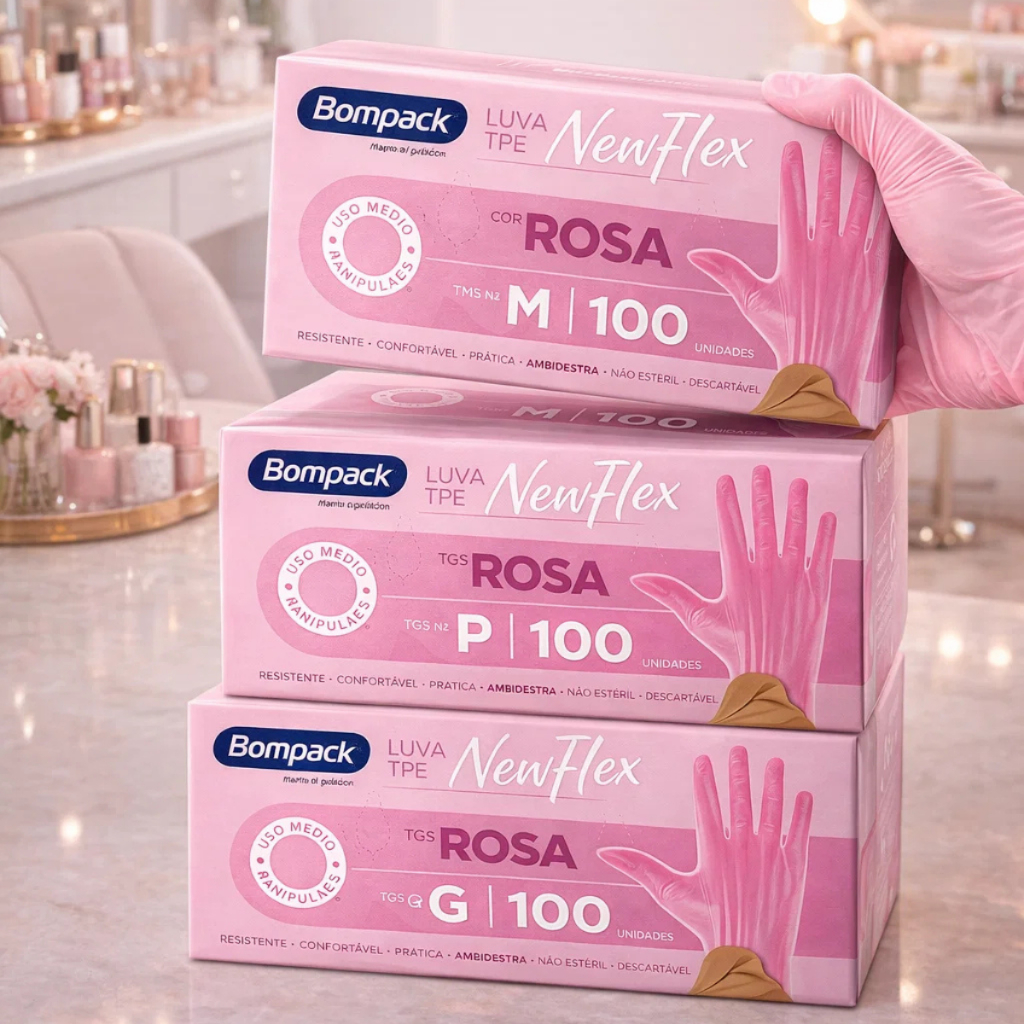 KIT 100 LUVAS VINILFLEX ROSA DESCARTÁVEIS SEM PÓ BOMPACK