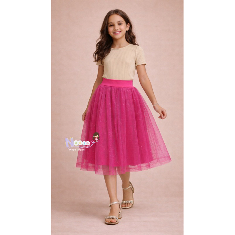 Saia Infantil Pink de Tule Cristal com Glitter – Moda Evangélica – 6 a 14 Anos