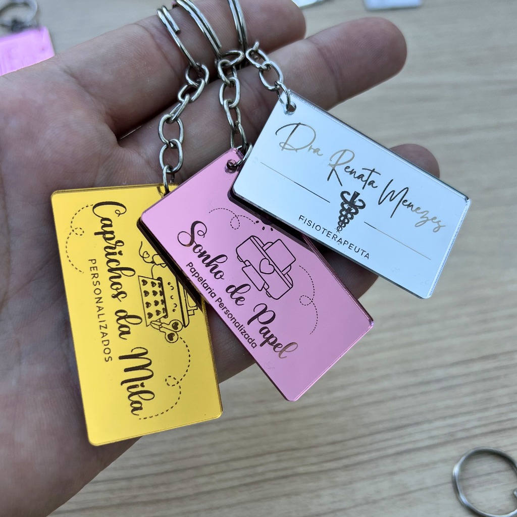 Chaveiro de Acrílico Espelhado Retangular Personalizado Logo Nome Profissão Lembrancinha