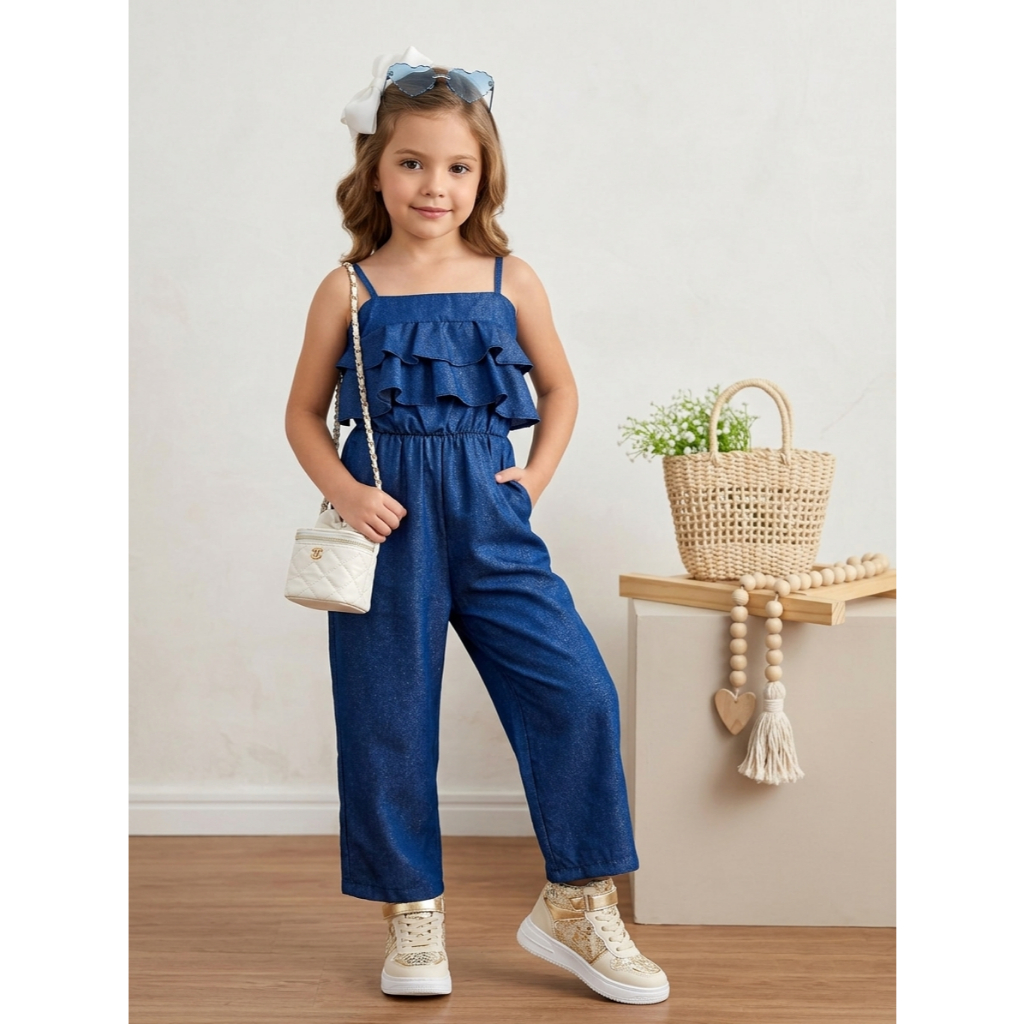 Macacão de Alcinha Babadinho Azul Infantil Moda Feminina Estilosa Menina Blogueirinha