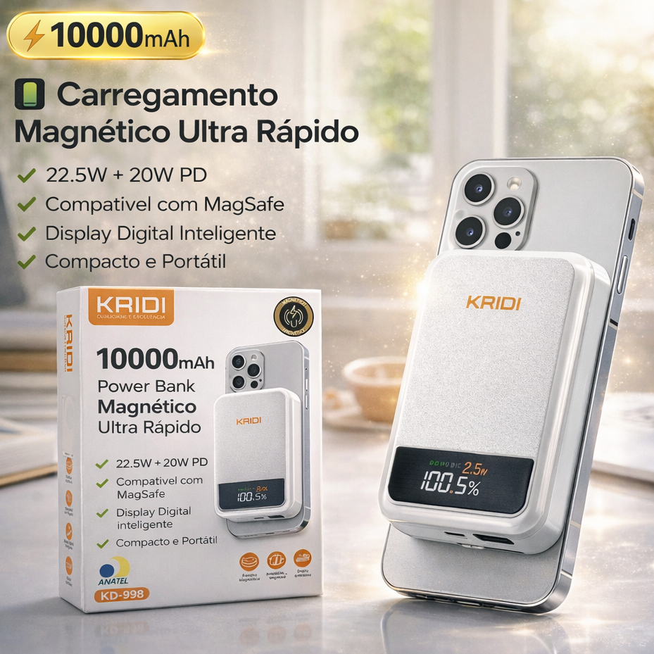 Power Bank Magnético 10000mAh Kaidi KD-998 Magsafe 22.5W Turbo USB-C Carregador Portátil iPhone Android