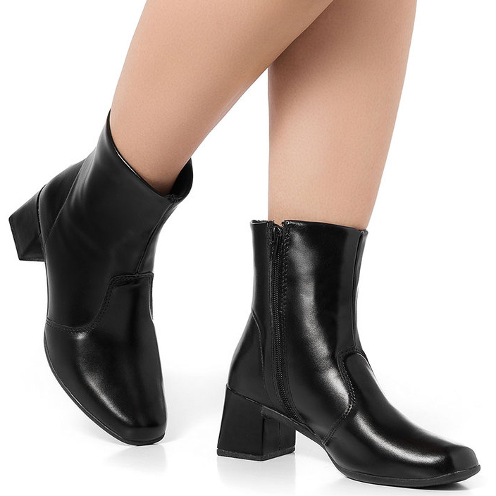 bota feminina cano curto salto médio Grosso Bota Bico Quadrado Macia Zíper Botinha