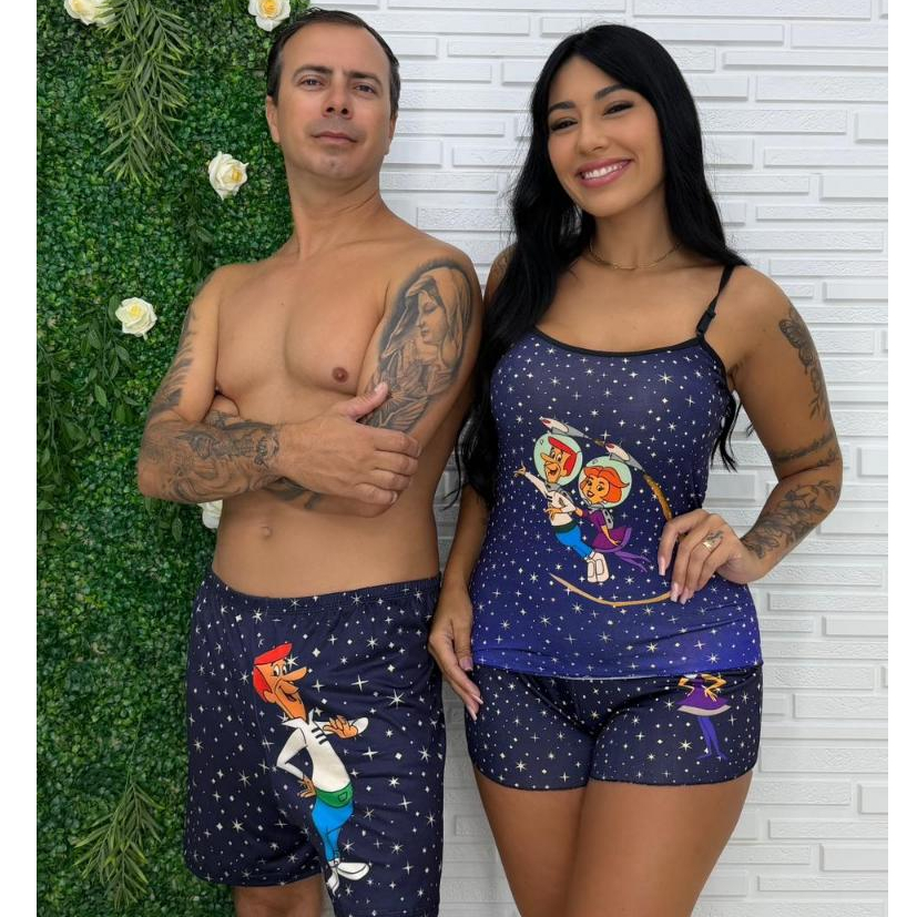 Pijama Kit Casal ShortDoll + Samba Canção Moda Masculina e Feminina Estilo e Conforto Para Dormir