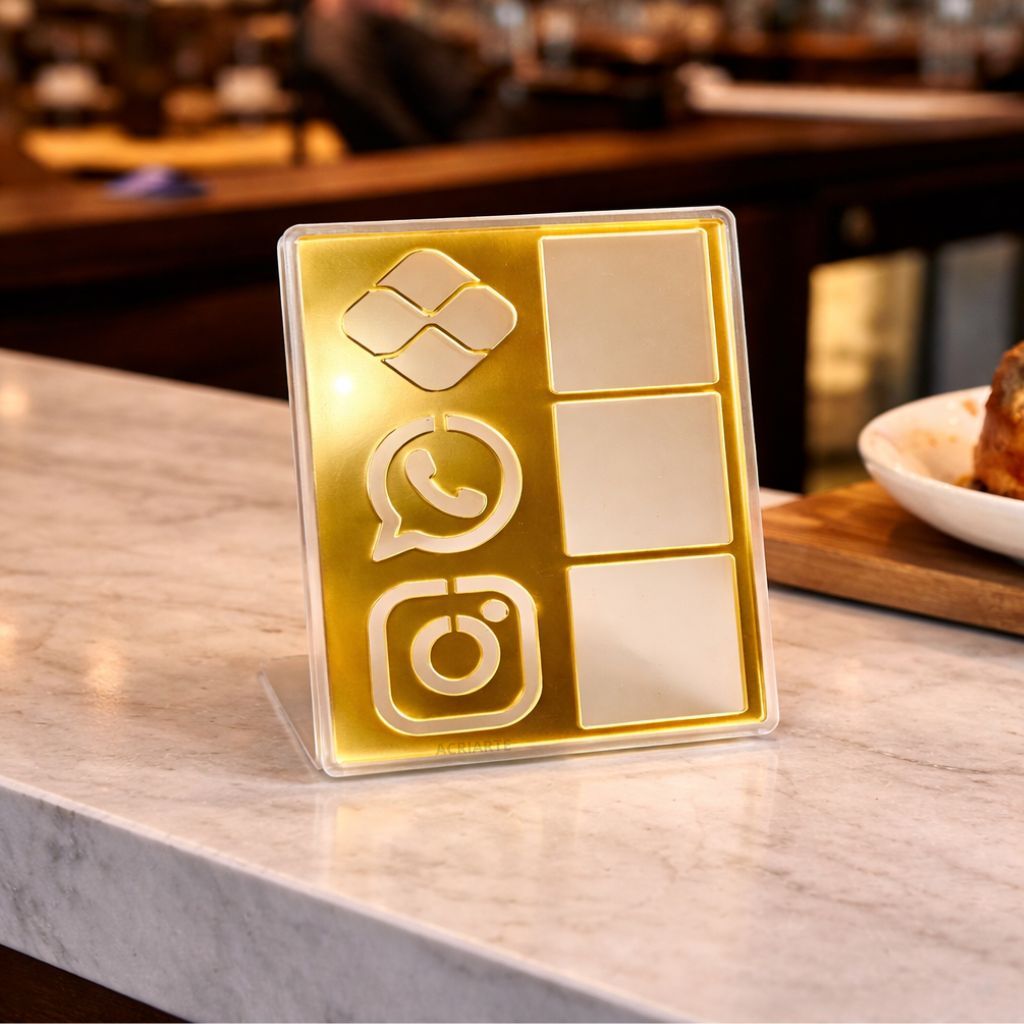 Placa G Pix + Instagram + WhatsApp - DOURADA E TRANSPARENTE, Suporte de Mesa para Atendimentos