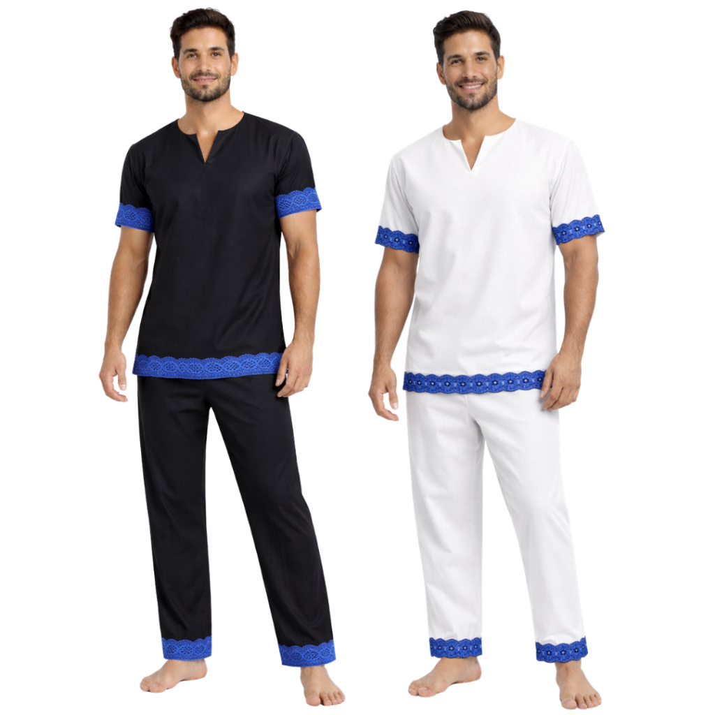 Conjunto Masculino Umbanda e Candomblé Bordado Azul Premium do P ao EGG