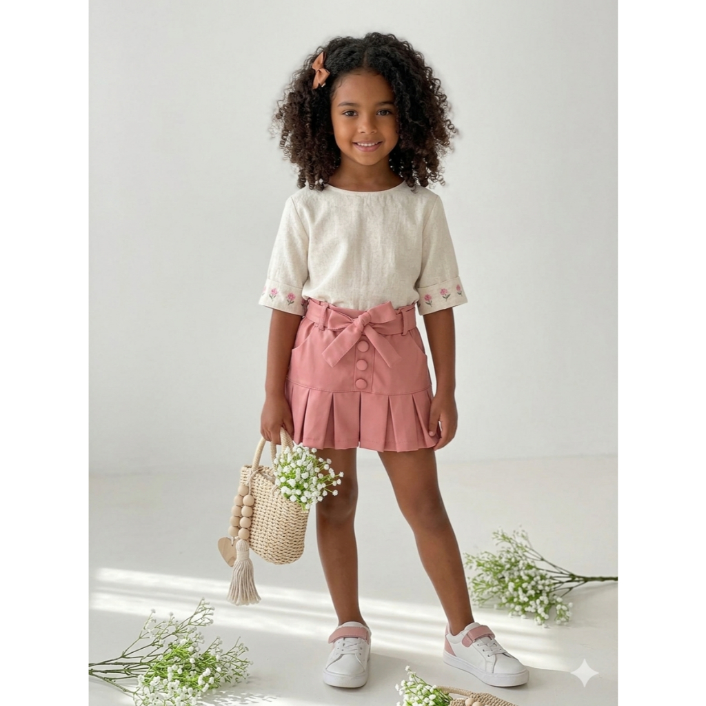 Short Saia Infantil Feminino Estiloso Com Laço Frontal Roupa Menina Festa Liso Juvenil