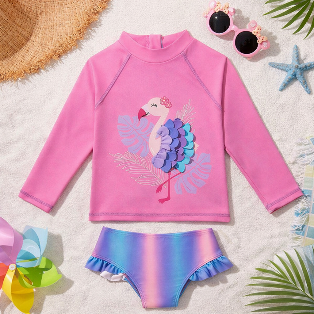 Conjunto Praia Infantil UV Flamingo Manga Longa Bebê Proteção Solar Biquíni Feminino Menina