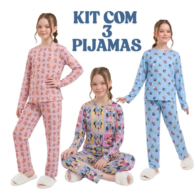 Kit 3 Pijamas Infantil Manga Longa Menina Personagem