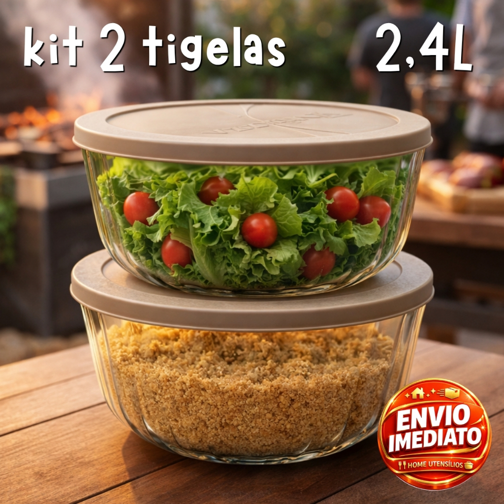 Kit 2 Tigelas Saladeira De Vidro Com Tampa Plástica 2,4 Litros Multiuso