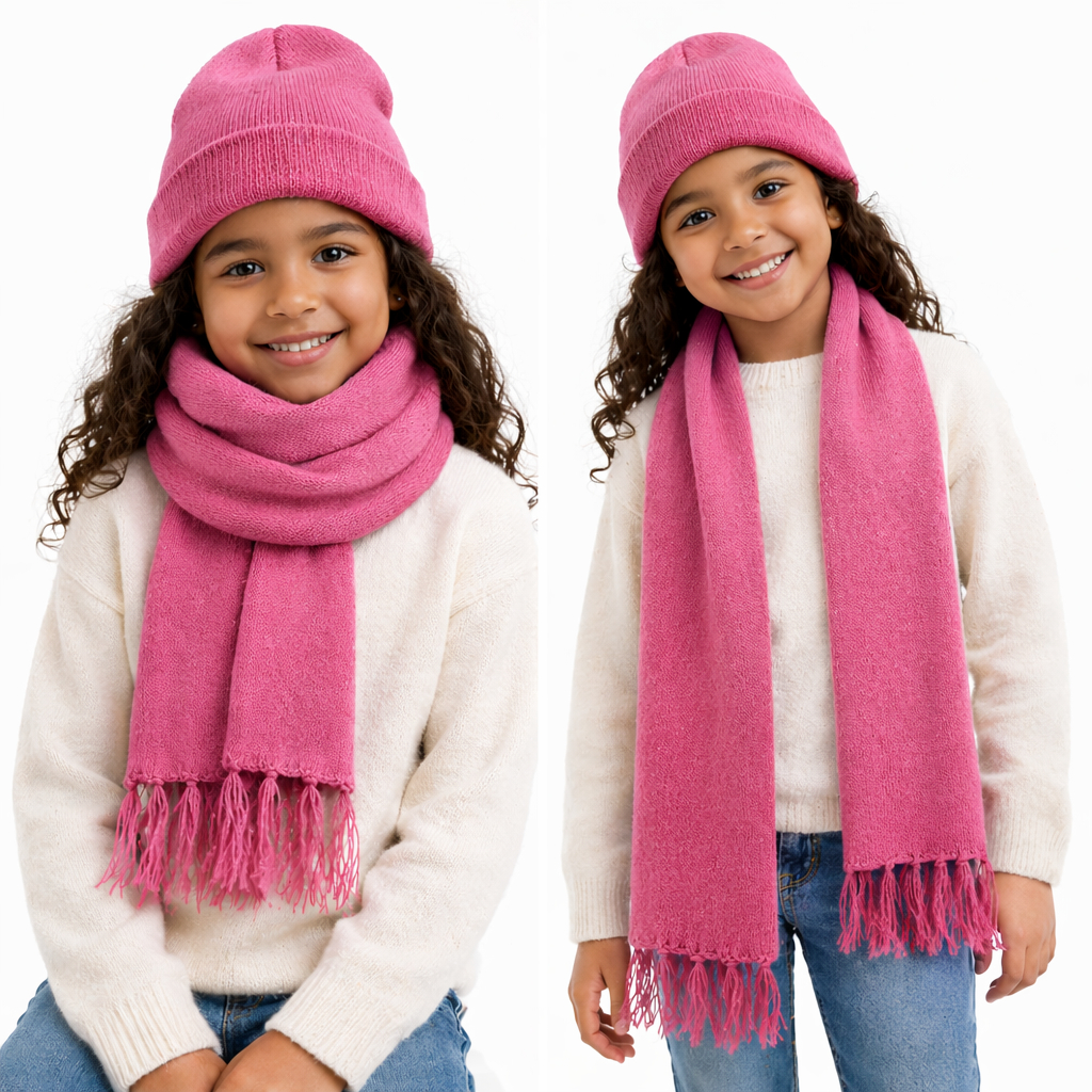 Kit Cachecol + Gorro Infantil Menina Cor Rosa Touca Para Inverno Tricot Quentinho - Envio Full