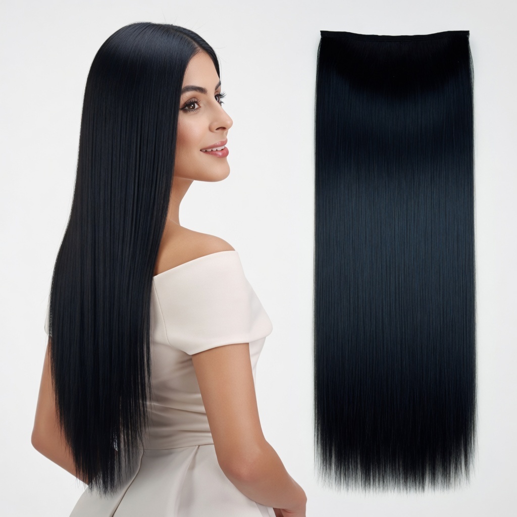 Extensão de Cabelo Preto em Fibra Orgânica Wig Liso Com Aplique Tic Tac Volume Cheio Idêntico Humano