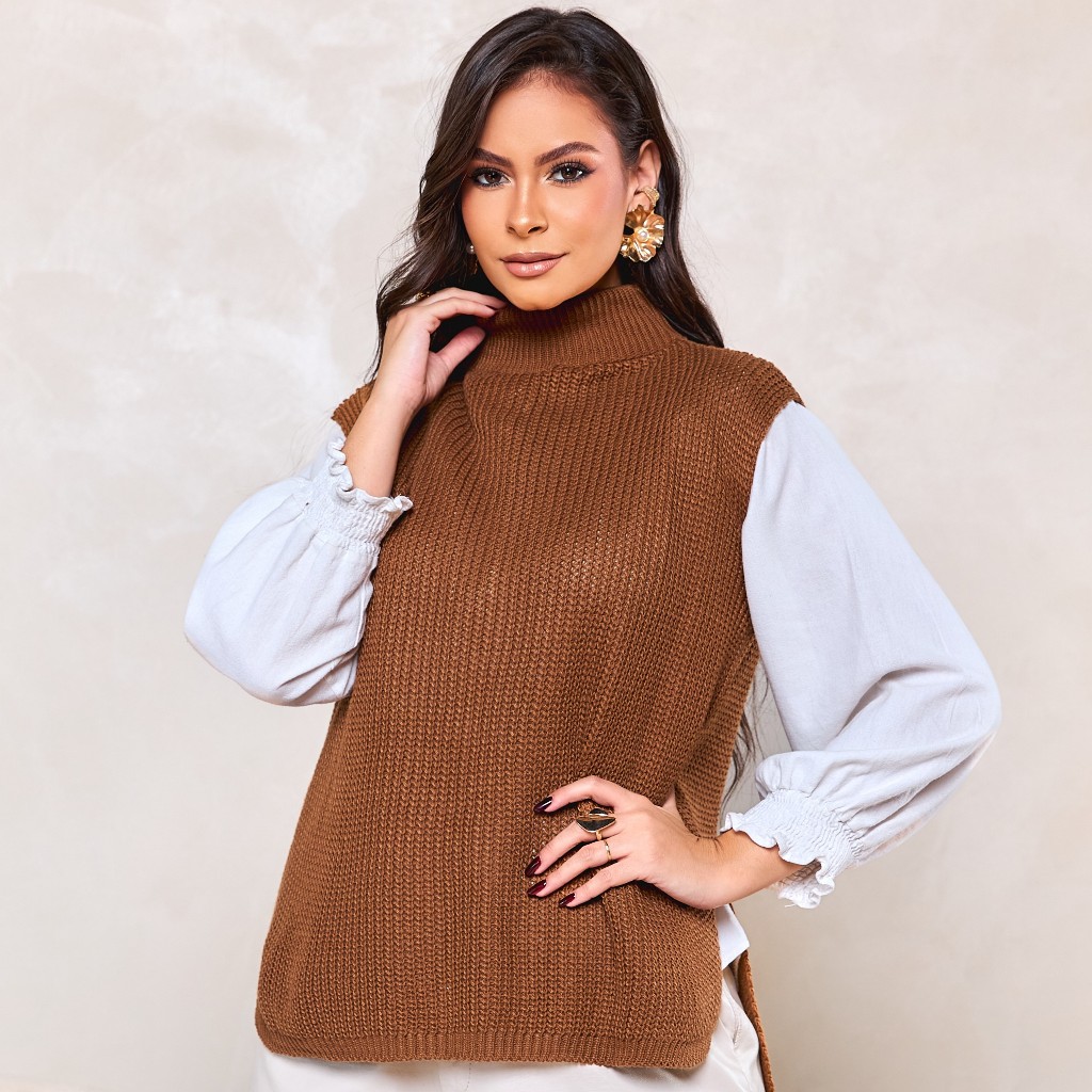 Colete Max Canelado Fenda Lateral Tricô Maxxi Tricot Pullover Elegante Gola Alta Lã Lãzinha Malha